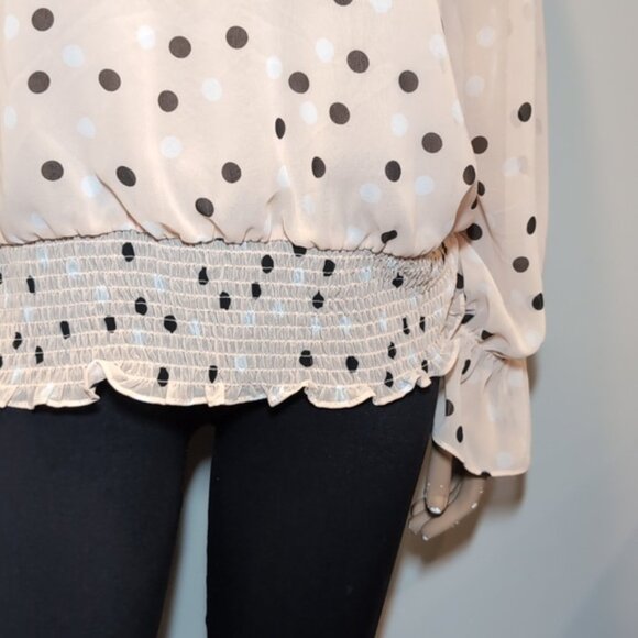 Adrianna Papell Polka Dot Blouse Sheer Layered Bell Flare Sleeve Smocked Hem Top - Picture 3 of 11